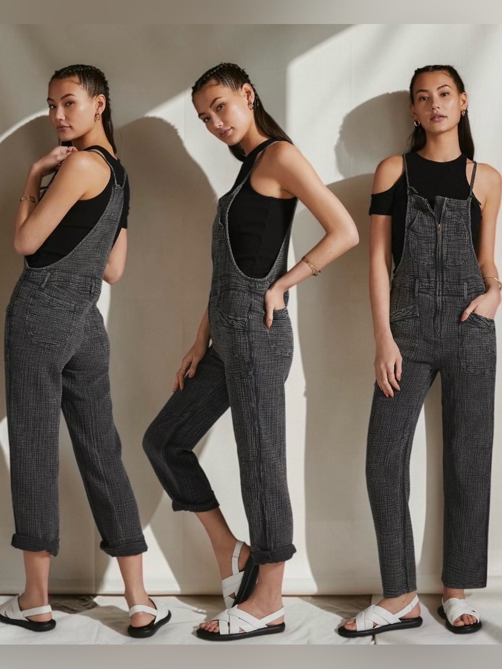 Pilcro|Gauzy Black Gray Wash Textured Cotton Overalls jumpsuit•••Size 30,Beachy
